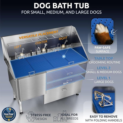 KANIS Professional Dog Washing Station - 304 Stainless Steel Pet Wash Sink &amp; Grooming Bath Tub for Home with Ramp, Shower, Floor Grate, Storage Drawer, Faucet, Drain Kit for Large, Medium &amp; Small Pets