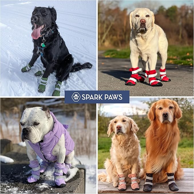 Spark Paws Dog Shoes, Waterproof Dog Boots for Medium to Large Dogs, Non Slip, Breathable Dog Booties and Paw Protectors - 4PCS Doggie Hiking Boots with Reflective Straps, Gray Camo, Size 4