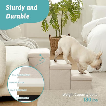 Dog Stairs with Storage, 4-Step Wider Sturdy Dog Steps for Small/Medium/Large Dogs and Older Cats, Folding Doggie Ramp for Bed/Couch/Car Hold Up to 180 lbs (22" H, Beige)