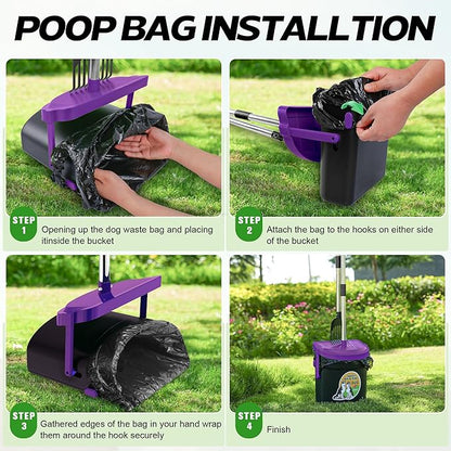 UPSKY Dog Pooper Scooper Swivel Bin &amp; Rake Kit with 100 Waste Bags,33.4" Stainless Steel Long Handle Heavy Duty Pet Poop Shovel for Large Medium Small Dogs, Odor-Proof Lid for Yard/Lawn/Outdoor Use