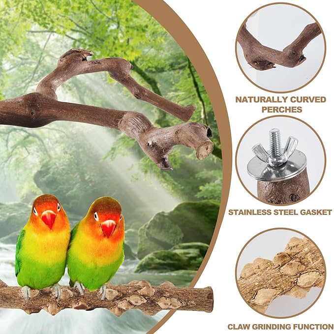 6-Piece Bird Perch Set - Natural Wood Grape Sticks, Paw Grinding Forks, Bird Stand &amp; Toys for Parakeets, Cockatiels, Conure, Budgies