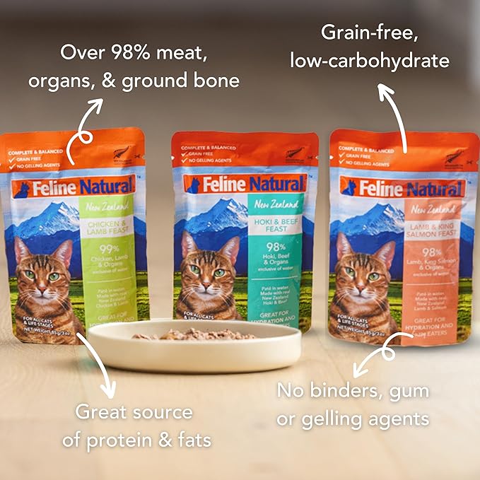 Feline Natural Wet Cat Food Variety Pack - Chicken, Lamb, Salmon &amp; Beef Feast, Grain-Free, 3oz Pouches, New Zealand Made, Assorted Single Serve Pates (12 Pack)