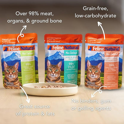 Feline Natural Wet Cat Food Variety Pack - Chicken, Lamb, Salmon &amp; Beef Feast, Grain-Free, 3oz Pouches, New Zealand Made, Assorted Single Serve Pates (12 Pack)