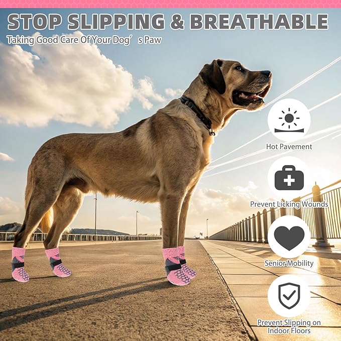 KOOLTAIL Dog Socks for Hot Pavement, Summer Breathable Dog Socks to Prevent Licking Paws, Non Slip Pet Boots &amp; Paw Protectors for Hardwood Floor,Grippy Shoes for Small Medium Large Senior Dogs,Pink M