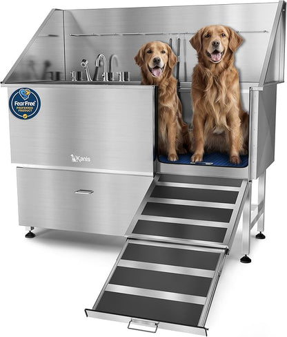 KANIS Professional Dog Washing Station - 304 Stainless Steel Pet Wash Sink &amp; Grooming Bath Tub for Home with Ramp, Shower, Floor Grate, Storage Drawer, Faucet, Drain Kit for Large, Medium &amp; Small Pets