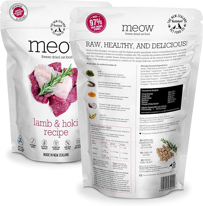 Meow Lamb &amp; Hoki Freeze Dried Raw Cat Food, Mixer, or Topper, or Treat - High Protein, Natural, Limited Ingredient Recipe 9.9 oz