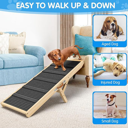 Dog Ramp for Couch, Bed, Wooden Long Pet Stairs for Small &amp; Large Old Dogs &amp; Cats, Hold up to 100lb, Adjustable Height from 11.41" to 20.47", Portable Doggie Steps (39.37" Long)