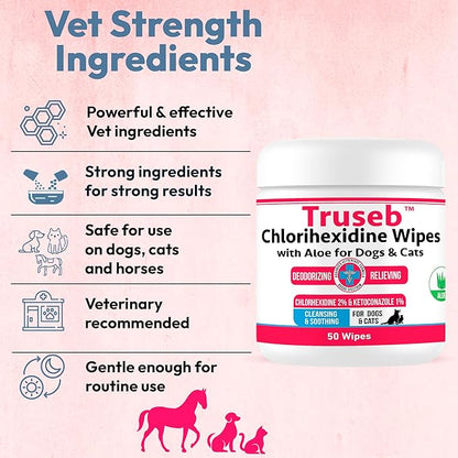 Truseb Topical for Dogs, Cats and Horses - with Aloe for Cleansing (Ketoconazole &amp; Chlorhexidine Wipes, 100 Count)
