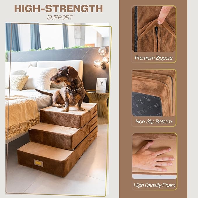 All-in-One Adjustable Dog Stairs – 5-Step Premium Pet Ramp for Small to Large Dogs – Sturdy, Non-Slip &amp; Versatile for Beds, Sofas &amp; More - Soft Cover, Modern Design (Brown)