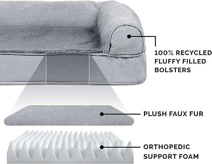 Furhaven Orthopedic Dog Bed for Large Dogs w/ Removable Bolsters &amp; Washable Cover, For Dogs Up to 95 lbs - Plush &amp; Suede Sofa - Gray, Jumbo/XL