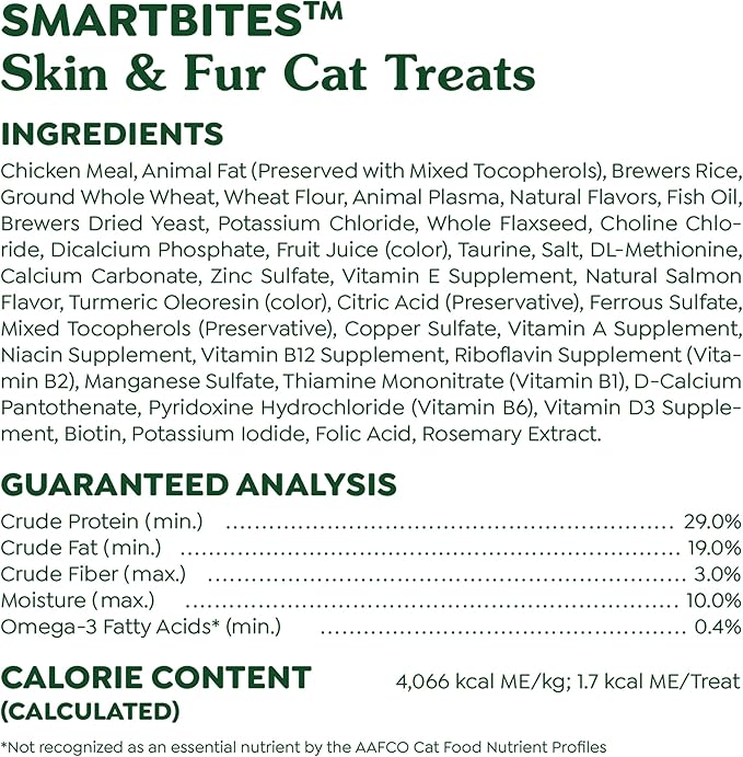 Greenies Feline Smartbites Skin &amp; Fur Health Crunchy and Soft Cat Treats, Salmon Flavor, 16 oz. Tub