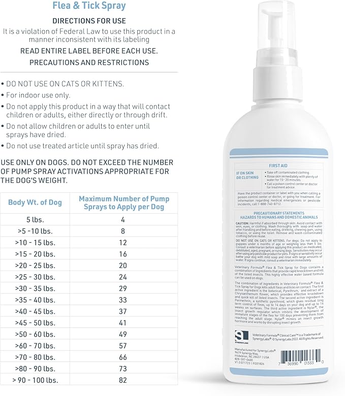 Veterinary Formula Flea and Tick Spray for Dogs, 8 oz – Easy-to-Use Dog Flea Spray, Kills on Contact, Prevents Egg &amp; Larval Development for 14 weeks