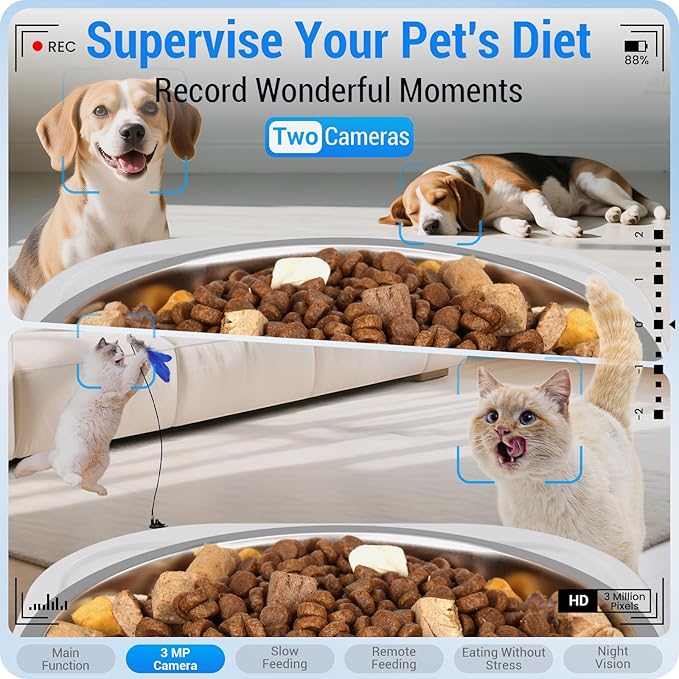 Automatic Cat Feeder with 2 Camera for 2 Cats: 5G WiFi Automatic Dog Feeder with Night Vision &amp; Slow Feed, 7L Auto Cat Food Dispenser for Multiple Pet, Detachable for Easy Cleaning - 29 Cup