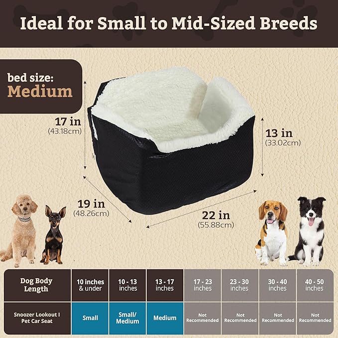 Snoozer Lookout I Car Seat - Dog Car Seats for Small Dogs, Puppy Booster Bed for Small &amp; Medium Sized Pets Up to 25 Lbs, Elevated, Washable - Medium, Black Diamond
