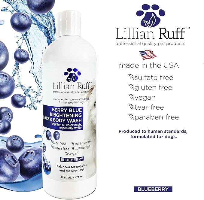 Lillian Ruff PRO Formula Berry Blue Brightening Dog Shampoo + Blueberry Waterless Dog Shampoo - Professional Whitening, Tear Stain Remover &amp; No-Rinse Hydrating Odor Control, Aloe+Coconut Oil, USA Made