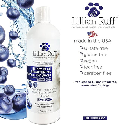 Lillian Ruff PRO Formula Berry Blue Brightening Dog Shampoo + Blueberry Waterless Dog Shampoo - Professional Whitening, Tear Stain Remover &amp; No-Rinse Hydrating Odor Control, Aloe+Coconut Oil, USA Made