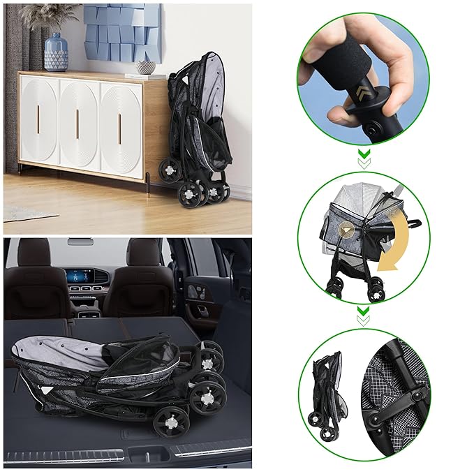 Lightweight Pet Stroller for Small/Medium Dogs and Cats - Foldable Travel Carriage with Storage Basket, Breathable Mesh &amp; 4 Wheels - Up to 33 lbs – Black