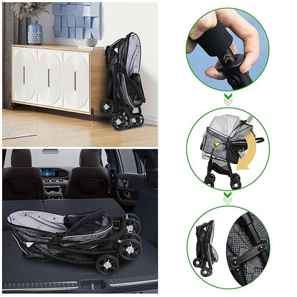 Lightweight Pet Stroller for Small/Medium Dogs and Cats - Foldable Travel Carriage with Storage Basket, Breathable Mesh &amp; 4 Wheels - Up to 33 lbs – Black