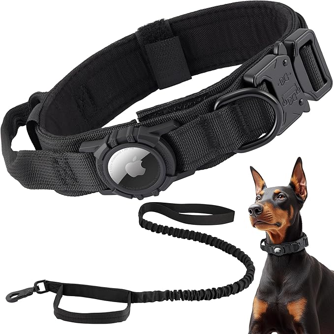 Tactical AirTag Dog Collar Leash Set - Heavy Duty, Adjustable GPS Collar Compatible with Apple AirTag, with Holder &amp; Control Handle for Medium/Large Dogs [ Black, L ]