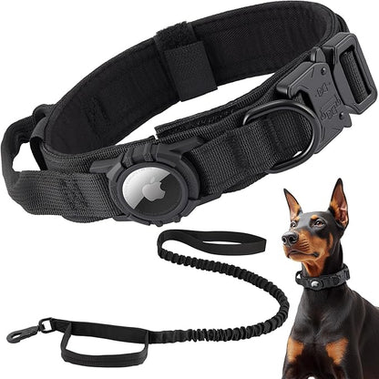 Tactical AirTag Dog Collar Leash Set - Heavy Duty, Adjustable GPS Collar Compatible with Apple AirTag, with Holder &amp; Control Handle for Medium/Large Dogs [ Black, L ]