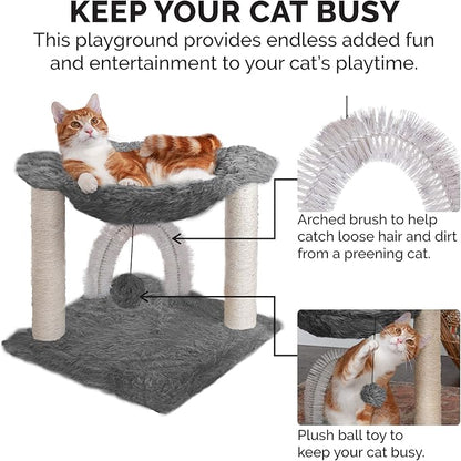 Furhaven 15.75" Tall Playground for Indoor Cats, Ft. Sisal Scratching Posts, Self-Grooming Brush, &amp; Toy - Tiger Tough Hammock Interactive Playground - Silver, One Size
