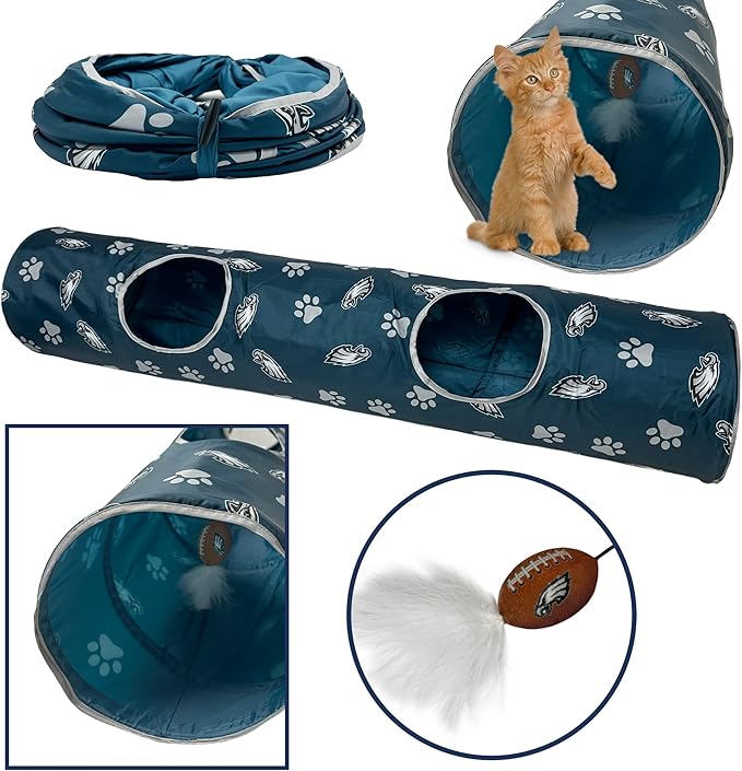 NFL Philadelphia Eagles Cat Tunnel Tube Toy with Plush Football Catnip and Feathers Collapsible Tunnel for Cats to Play, Peek and Hide, Sporty &amp; Fun Cat Tunnel Toy with Team Logo All-Over Design!