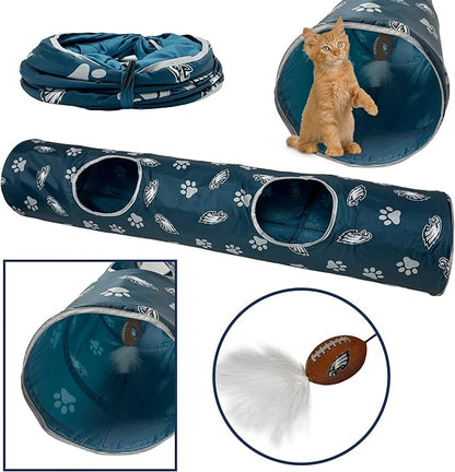 NFL Philadelphia Eagles Cat Tunnel Tube Toy with Plush Football Catnip and Feathers Collapsible Tunnel for Cats to Play, Peek and Hide, Sporty &amp; Fun Cat Tunnel Toy with Team Logo All-Over Design!