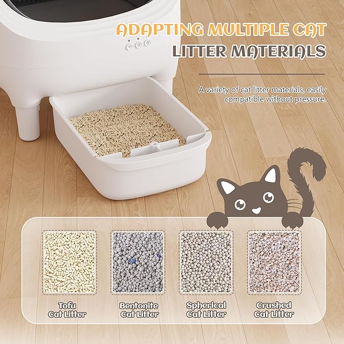 Greesum Automatic Self-Cleaning Litter Box for Cats - Open-Top Design, Easy Odor Control, Smart APP Control, 15L Large Waste Bin, Includes Trash Bags &amp; Mat (Grey)