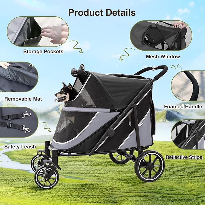 Dog Stroller for Medium/Large Dogs One-Click Folding, Extra Large Pet Stroller for 2 Dogs with Storage Pocket &amp; Shock Absorption, Up to 130 lbs, Grey