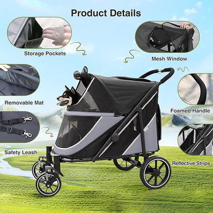 Dog Stroller for Medium/Large Dogs One-Click Folding, Extra Large Pet Stroller for 2 Dogs with Storage Pocket &amp; Shock Absorption, Up to 130 lbs, Grey