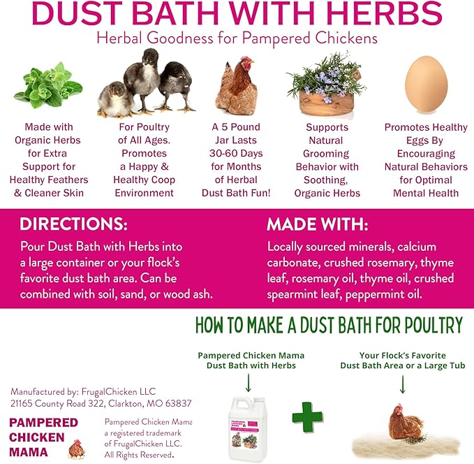 10.5 lb Pampered Chicken Mama Dust Bath with Organic Herbs &amp; Essential Oils for Chickens, Quail, &amp; Poultry | Dust Bath for Chickens to Keep Feathers Clean &amp; Healthy