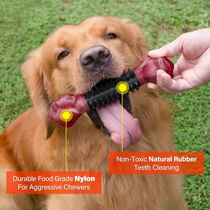 Apasiri Dog Toys for Aggressive Chewers with Bacon Flavor: 8" Indestructible Chew Bones for Large Breeds, Tough Nylon &amp; Rubber Dog Toys Keep Them Busy, Interactive Play - 2-Pack