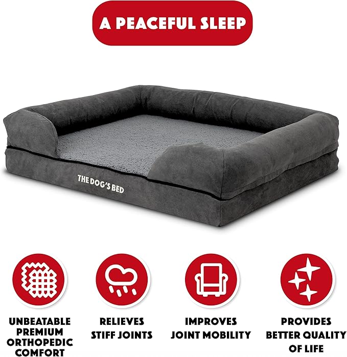 The Dog’s Bed, Medium Grey Plush Memory Foam, Pain Relief: Arthritis, Hip &amp; Elbow Dysplasia, Post Surgery, Lameness, Supportive, Calming, Washable Cover, Veterinary Approved