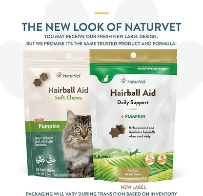 NaturVet Hairball Remedy Vitamin &amp; Digestive Aid Supplement for Cats – Pet Health Supplement for Cat Hairballs, Digestive System Support – Includes Pumpkin, Vitamins – 50 Ct.