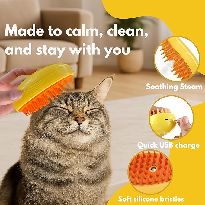 Steam Cat Brush for Indoor Cats – Mist Spray Comb for Shedding &amp; Hair Removal | Silicone Pet Grooming Tool for Long-Haired Cats &amp; Dogs
