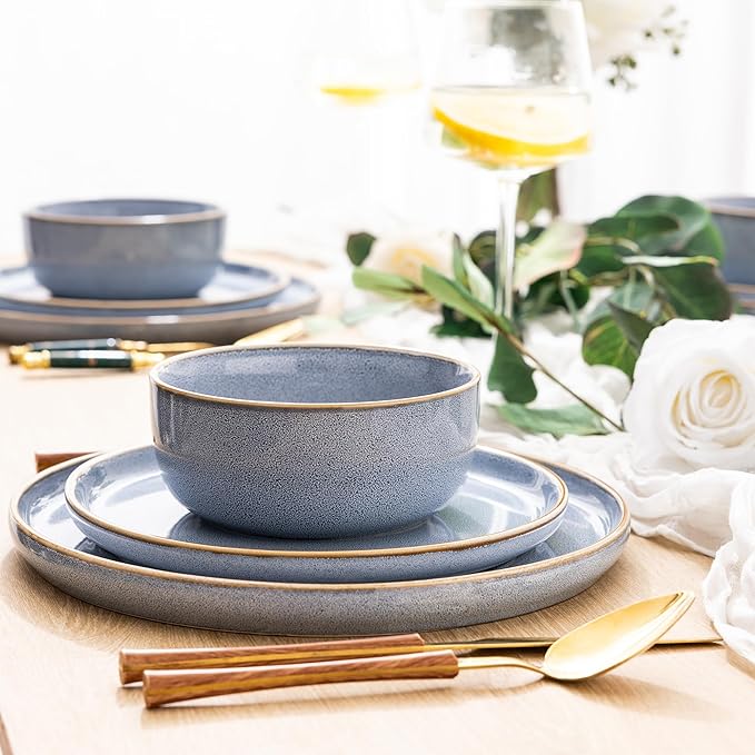 GBHOME Ceramic Dinnerware Sets for 6, 18 Pieces Stoneware Plates and Bowls Sets, Scratch Resistant Dish Sets for Dinner, Dishwasher &amp; Microwave Safe, Brunnera Blue