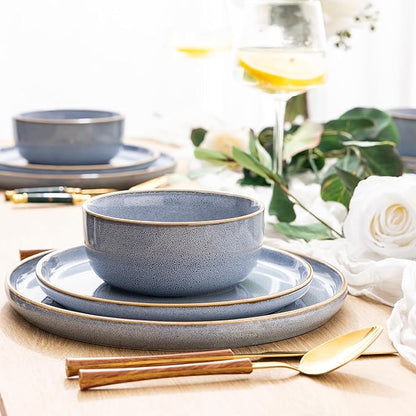 GBHOME Ceramic Dinnerware Sets for 6, 18 Pieces Stoneware Plates and Bowls Sets, Scratch Resistant Dish Sets for Dinner, Dishwasher &amp; Microwave Safe, Brunnera Blue