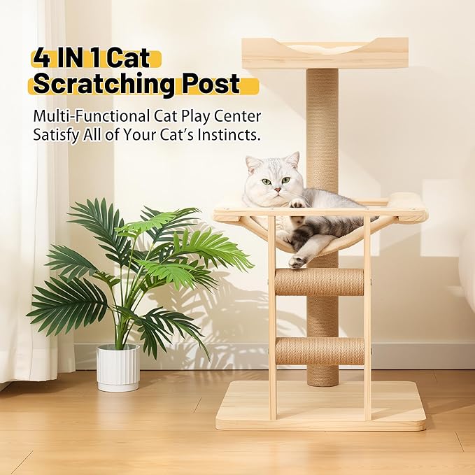 KVIDA Extra-Sturdy Wooden Cat Tree for Large Cats – Modern 3-Level Tower with Hammock, Anti-Tip Sisal Posts &amp; Oversized Perch, Ideal for Indoor Big Cats &amp; Multi-Cat Homes