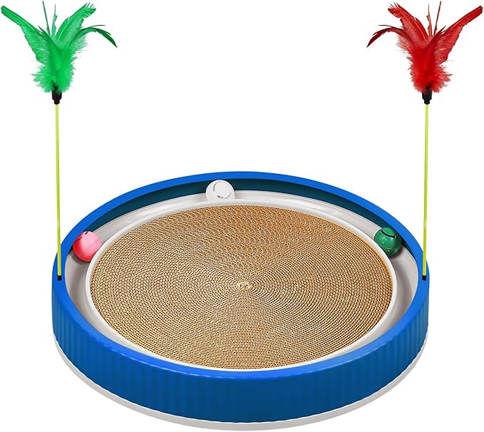 20-Inch Round Cat Scratcher with Ball Track – 3-in-1 Cardboard Scratching Pad with Feather Toy &amp; Non-Slip Base – Interactive Cat Toy for Indoor Cats, Kittens &amp; Large Cats (Blue)