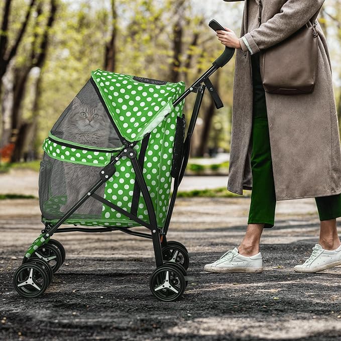MoNiBloom 4 Wheels Pet Stroller, Easy-Fold Umbrella Shaped Dog Cat Jogger Stroller w/Storage Bag &amp; Visible Mesh for Small/Medium Dogs Cats Lawn Green Polka Dots