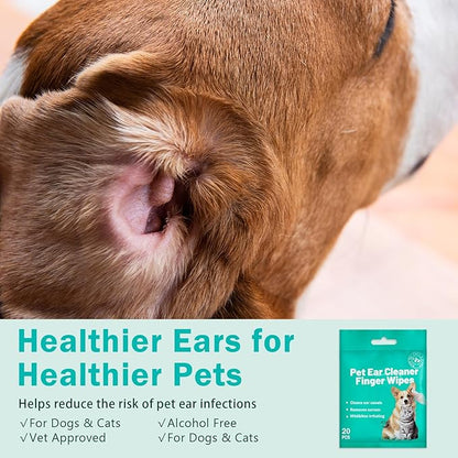 Portable Dog Ear Cleaner Wipes Grooming Kit Care for Dogs &amp; Cats Pet Ear Relief Gently Remove Ear Wax Debris and Smelly 20 Pcs Unscented