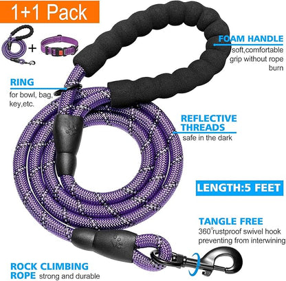 Heavy Duty Dog Leash - Comfortable Padded Handle, 5 ft Long - Dog Leashes for Small Medium Large Dogs (Leash+Collar M Neck 16"-20", Purple)