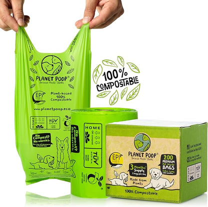 PLANET POOP Home Compostable Dog Poop Bags Extra Long with Handles | Large Single Roll 200 Grab &amp; Go | Un-scented Dog Waste Bag | Leakproof Doggy &amp; Cat Bags | Plant-Based Pet Supplies