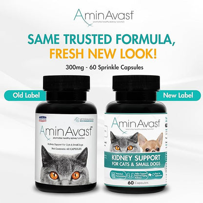 AminAvast Small Dogs &amp; Cat Kidney Support - Promotes Healthy Kidney Support in Cats &amp; Small Dogs - 300mg, 60 Capsule