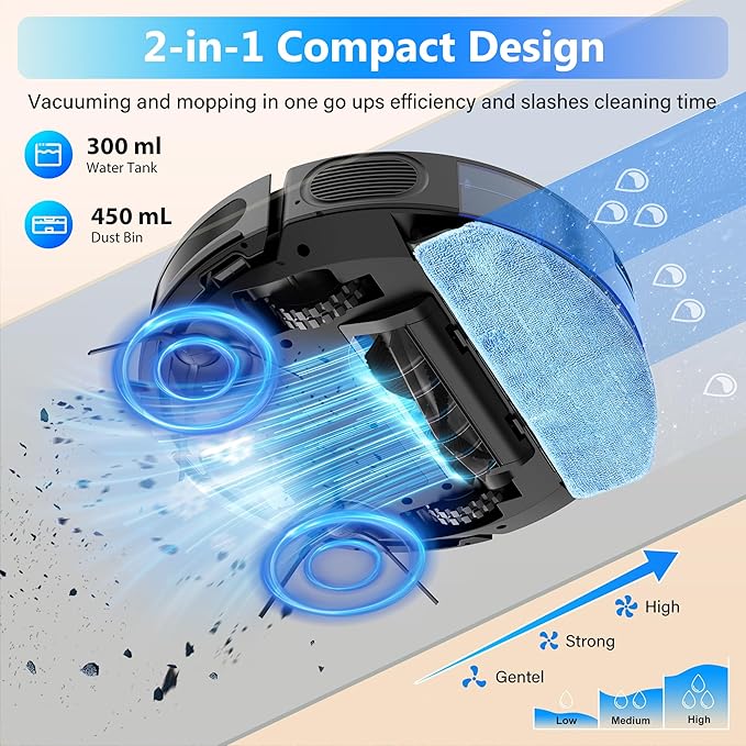 Tikom Robot Vacuum and Mop Combo, 5000Pa Robotic Vacuum Cleaner, 150 Min Max, App &amp; Remote Control, Ideal for Hard Floor, Carpet, Pet Hair, Self-Charge(G8000 Max)