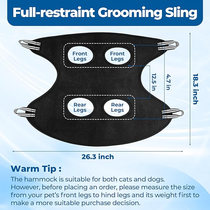 Pet Grooming Hammock for Cats &amp; Dogs, Breathable Mesh Dog Hanging Harness for Nail Trimming, Grooming, Bathing Includes S Hooks, Comfortable Dog Grooming Harness (Black)