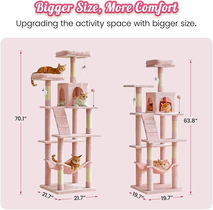 MWPO 70.1-Inch Pink Large Cat Tree, Multi-Level Tall Cat Tower for Indoor Cats, Plush Cat Condo with Big Padded Perches, Sisal-Covered Scratching Posts, Hammock, Toys for Kittens &amp; Cats