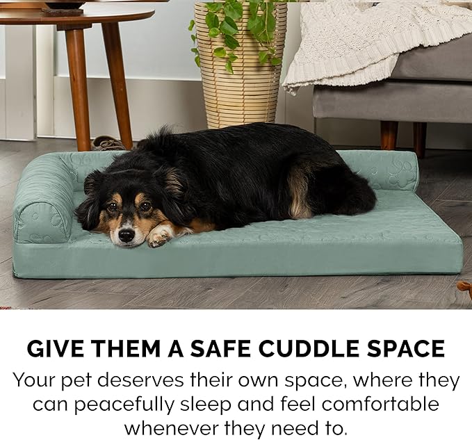 Furhaven Cooling Gel Dog Bed for Medium/Small Dogs w/ Removable Bolsters &amp; Washable Cover, For Dogs Up to 35 lbs - Pinsonic Quilted Paw L Shaped Chaise - Iceberg Green, Medium