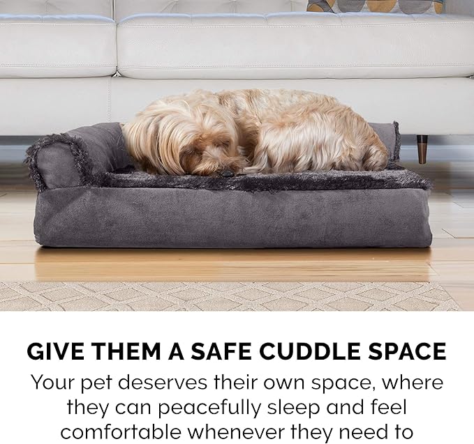 Furhaven Cooling Gel Dog Bed for Medium/Small Dogs w/ Removable Bolsters &amp; Washable Cover, For Dogs Up to 35 lbs - Plush &amp; Velvet L Shaped Chaise - Platinum Gray, Medium