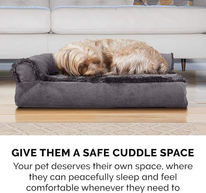 Furhaven Cooling Gel Dog Bed for Medium/Small Dogs w/ Removable Bolsters &amp; Washable Cover, For Dogs Up to 35 lbs - Plush &amp; Velvet L Shaped Chaise - Platinum Gray, Medium